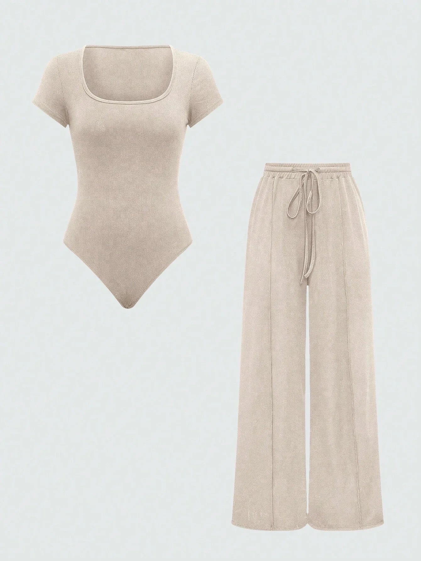 EZwear Plain Color Asymmetric Hem Top And Pants Two Piece Set