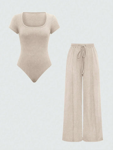 EZwear Plain Color Asymmetric Hem Top And Pants Two Piece Set