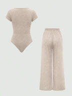 EZwear Plain Color Asymmetric Hem Top And Pants Two Piece Set shein