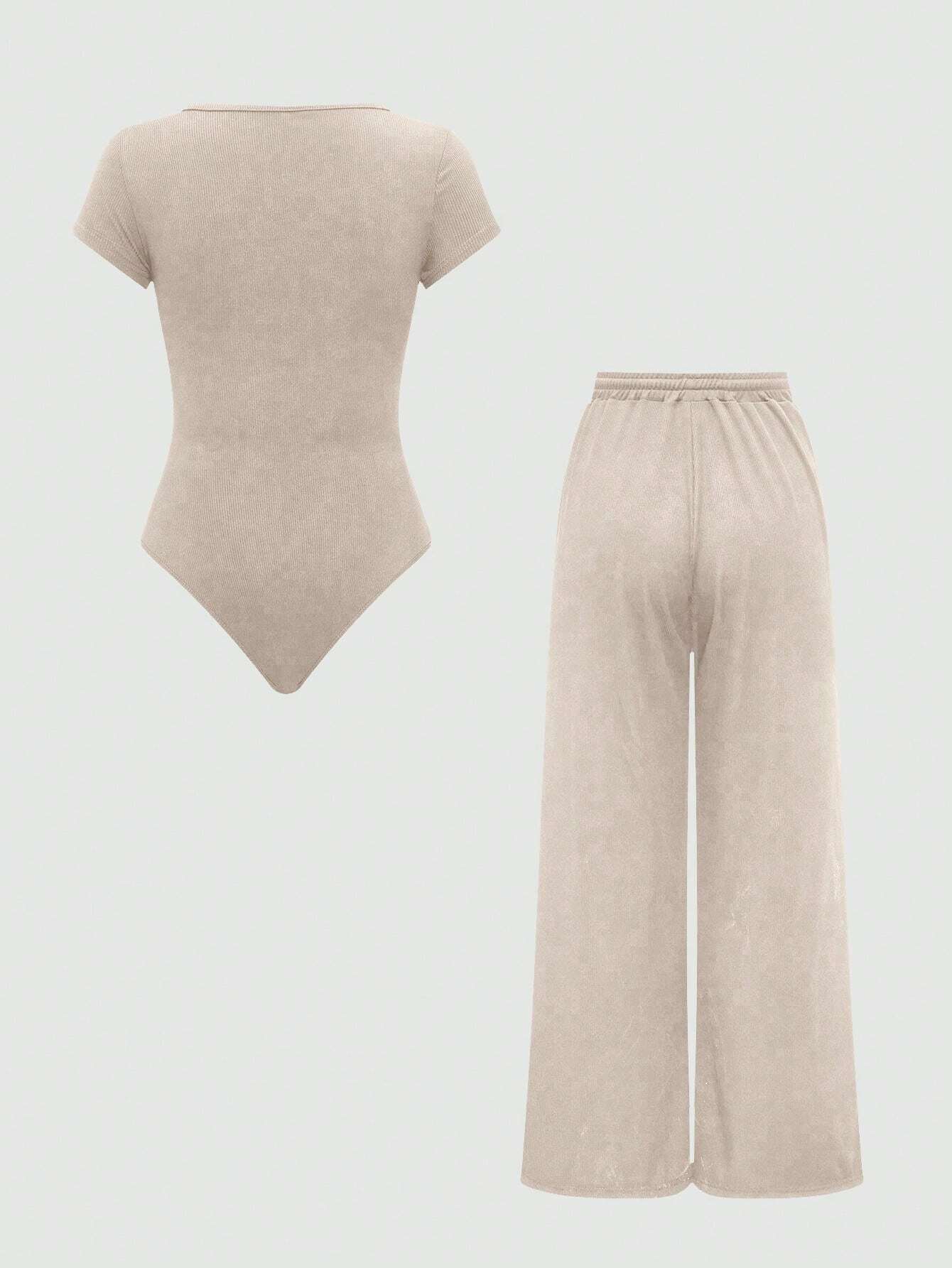 EZwear Plain Color Asymmetric Hem Top And Pants Two Piece Set shein