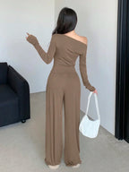 DAZY Women's Irregular Shoulder Ruched T-Shirt And Wide-Leg Pants Set shein