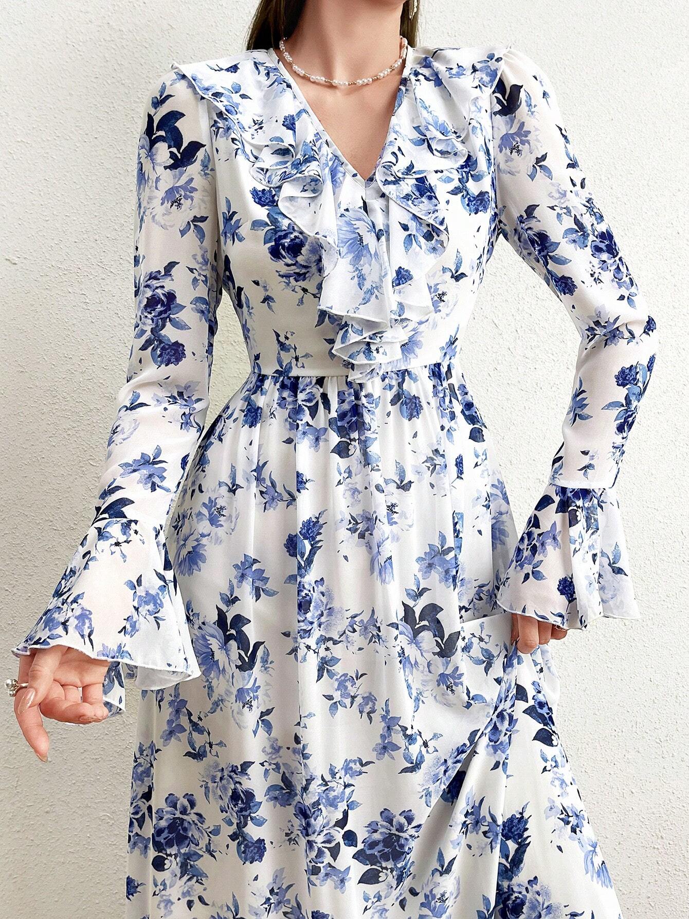 Modely Floral Printed Ruffle Hem Dress With Flare Sleeves shein