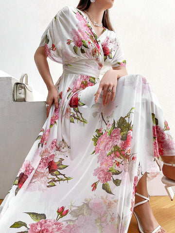 Modely Women Summer Floral Print V-Neck Batwing Sleeve Waist Pleated Long Elegant Dress shein