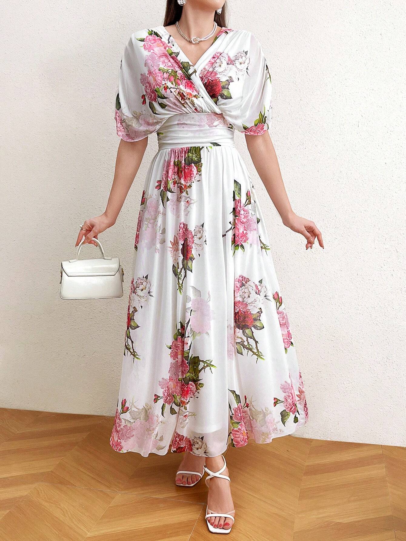 Modely Women Summer Floral Print V-Neck Batwing Sleeve Waist Pleated Long Elegant Dress shein