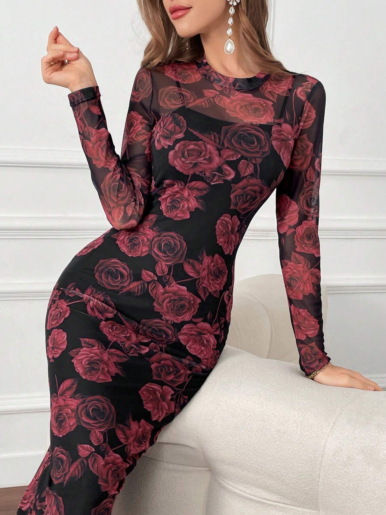 Modely Floral Print Round Neck Bodycon Long Sleeve Dress shein