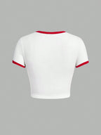 EZwear Women's Red&White Colorblock Short Sleeve T-Shirt With Cherry Prints shein