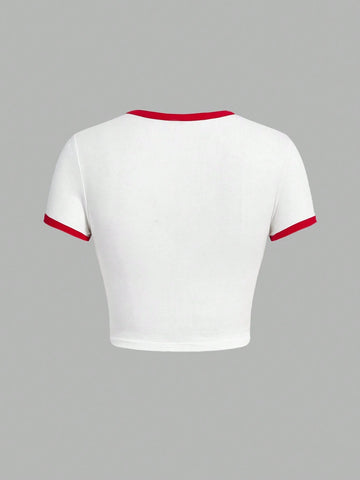 EZwear Women's Red&White Colorblock Short Sleeve T-Shirt With Cherry Prints