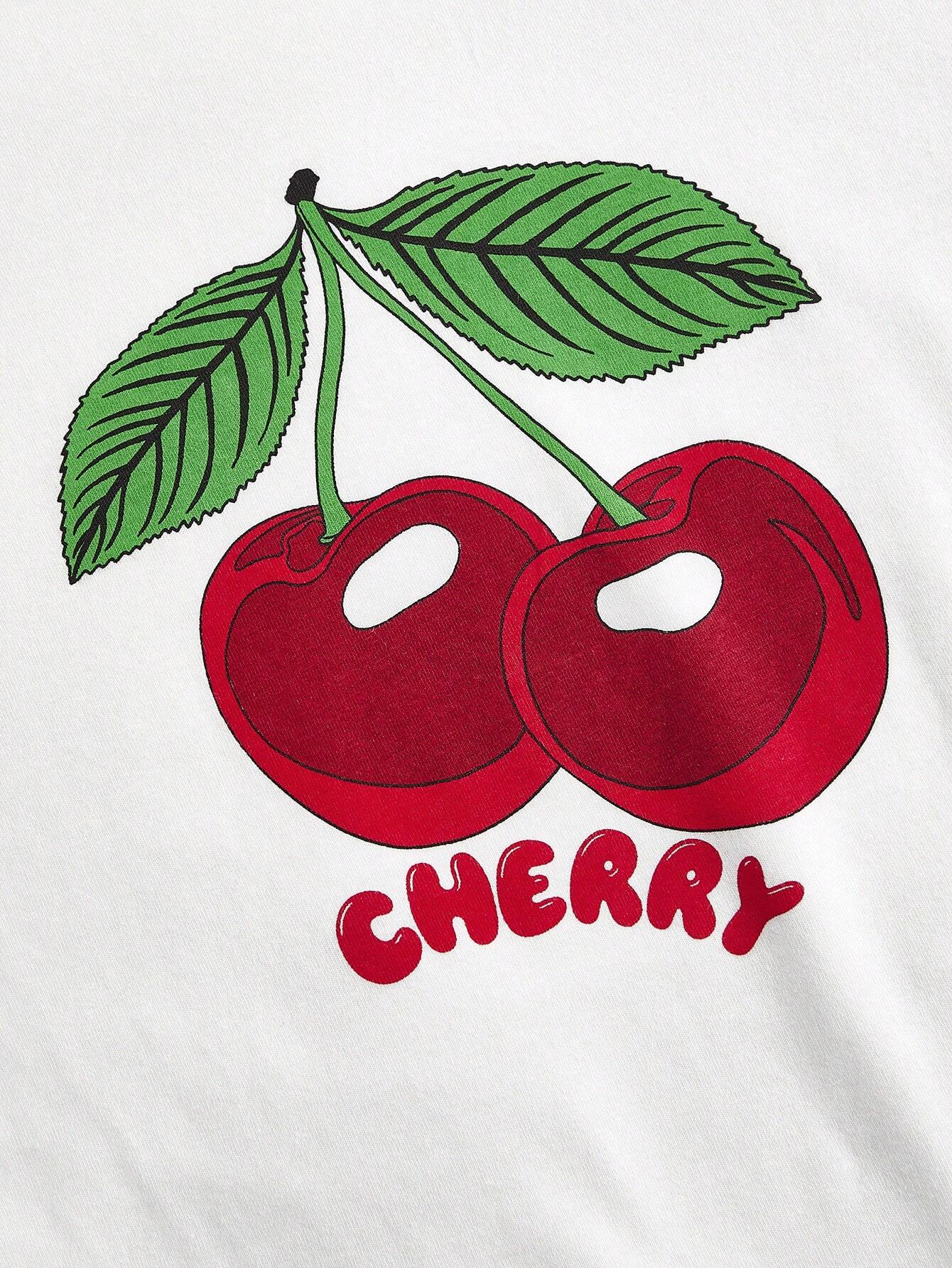 EZwear Women's Red&White Colorblock Short Sleeve T-Shirt With Cherry Prints shein