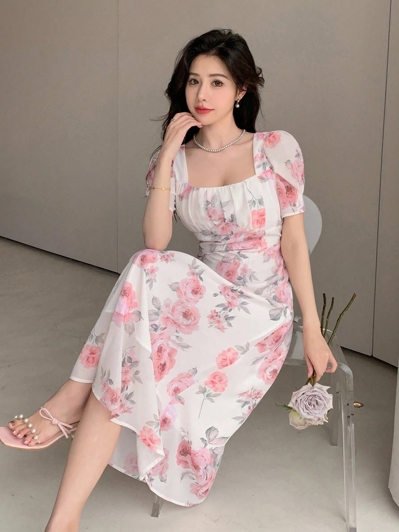 DAZY Elegant Floral Print Square Neck Puff Sleeve Dress shein