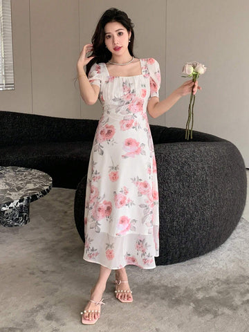 DAZY Elegant Floral Print Square Neck Puff Sleeve Dress shein