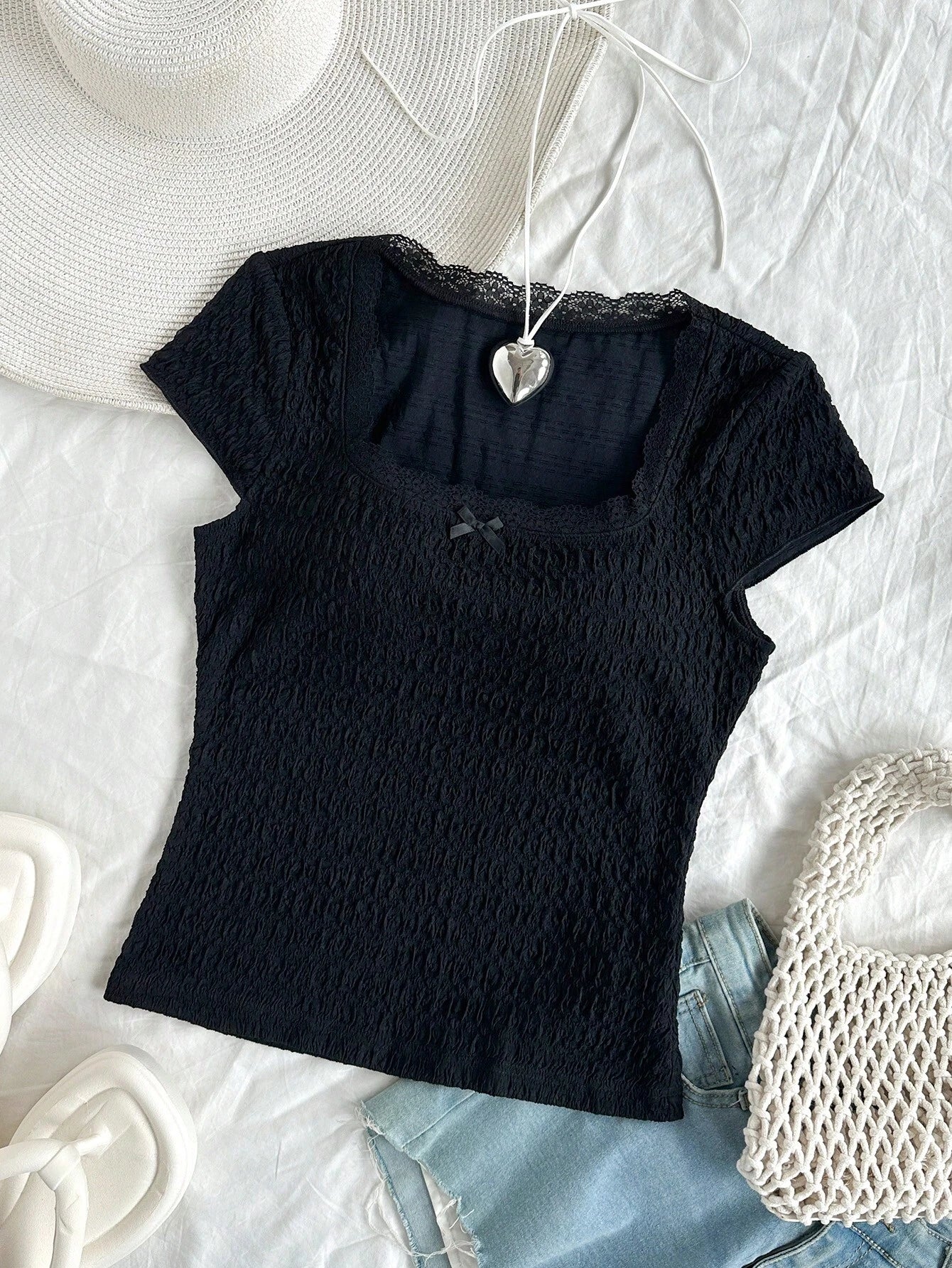 WYWH Women's Summer Solid Color Lace Edged Bow Tie Square Neck Short Sleeve T-Shirt shein