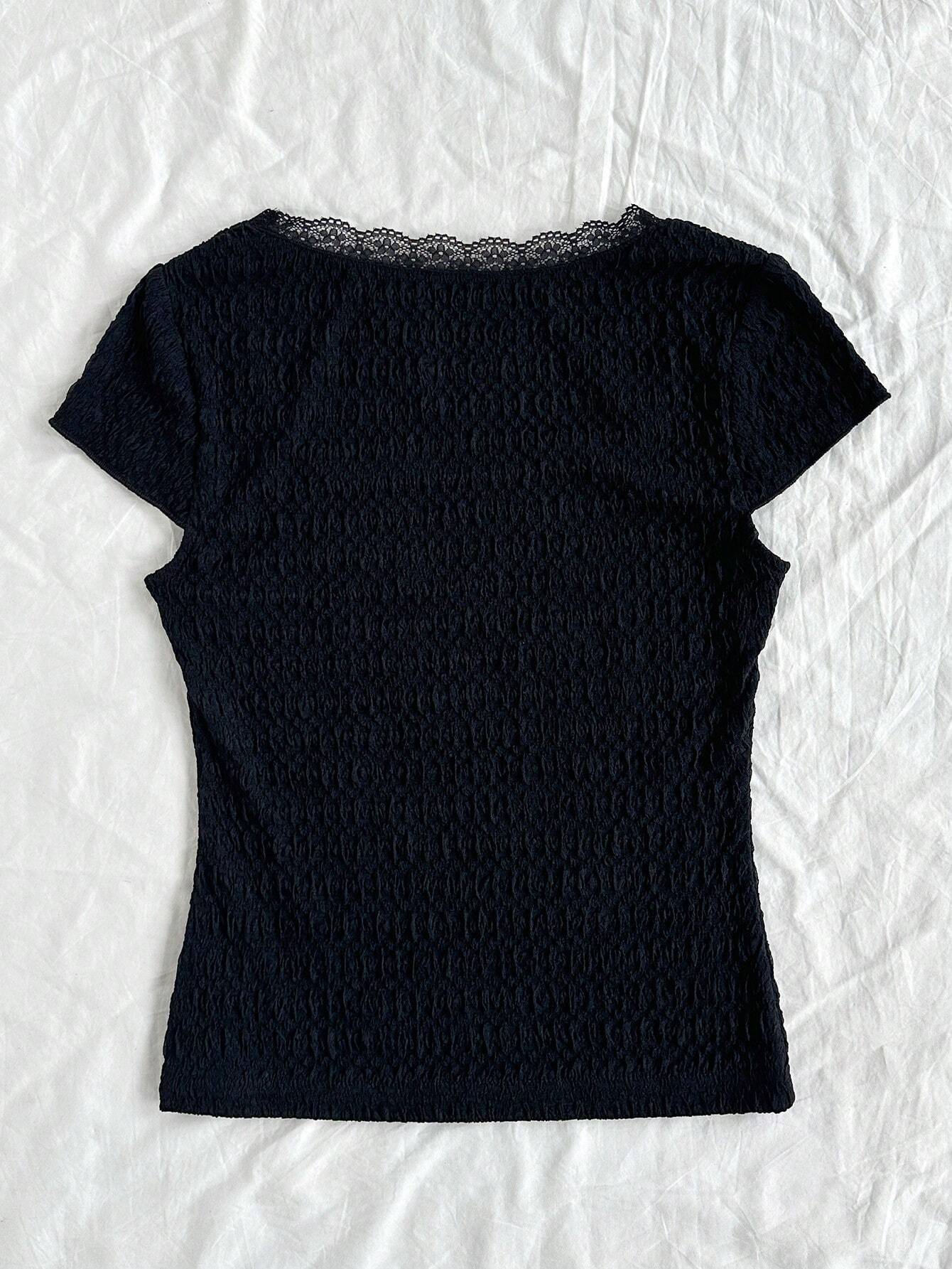 WYWH Women's Summer Solid Color Lace Edged Bow Tie Square Neck Short Sleeve T-Shirt shein