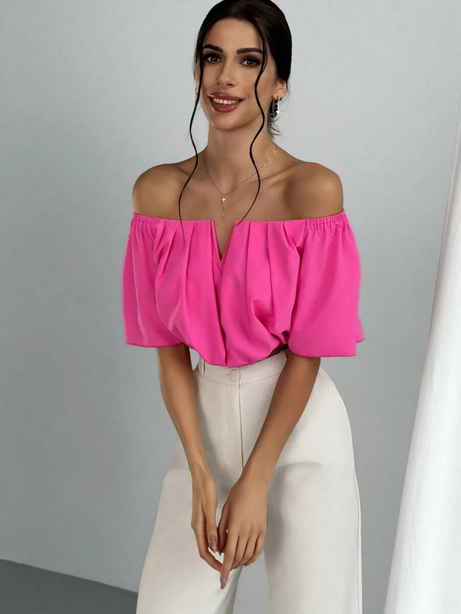 Women's Summer Solid Color Off Shoulder V Neck And Elastic Waist Blouse shein