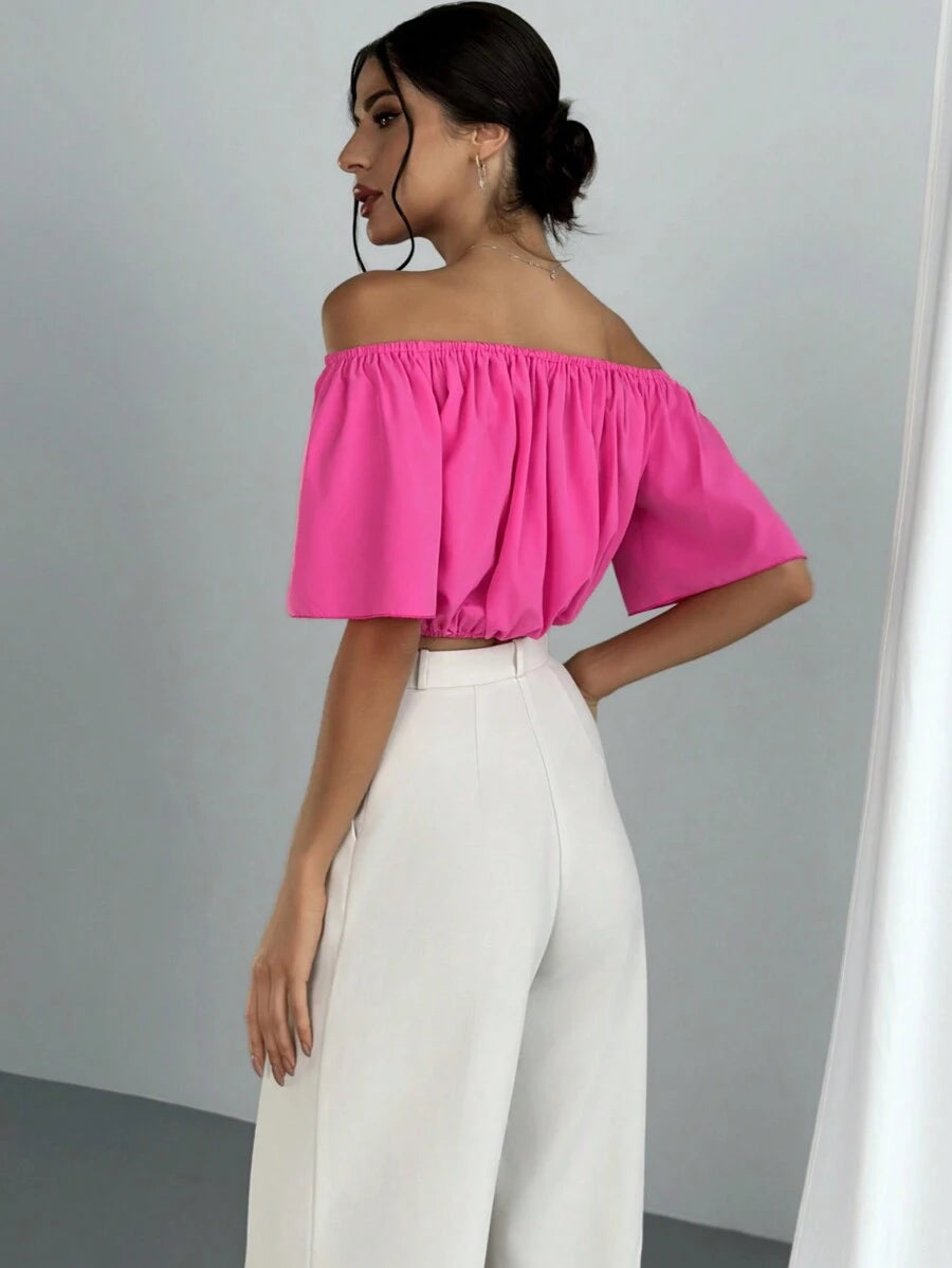 Women's Summer Solid Color Off Shoulder V Neck And Elastic Waist Blouse shein
