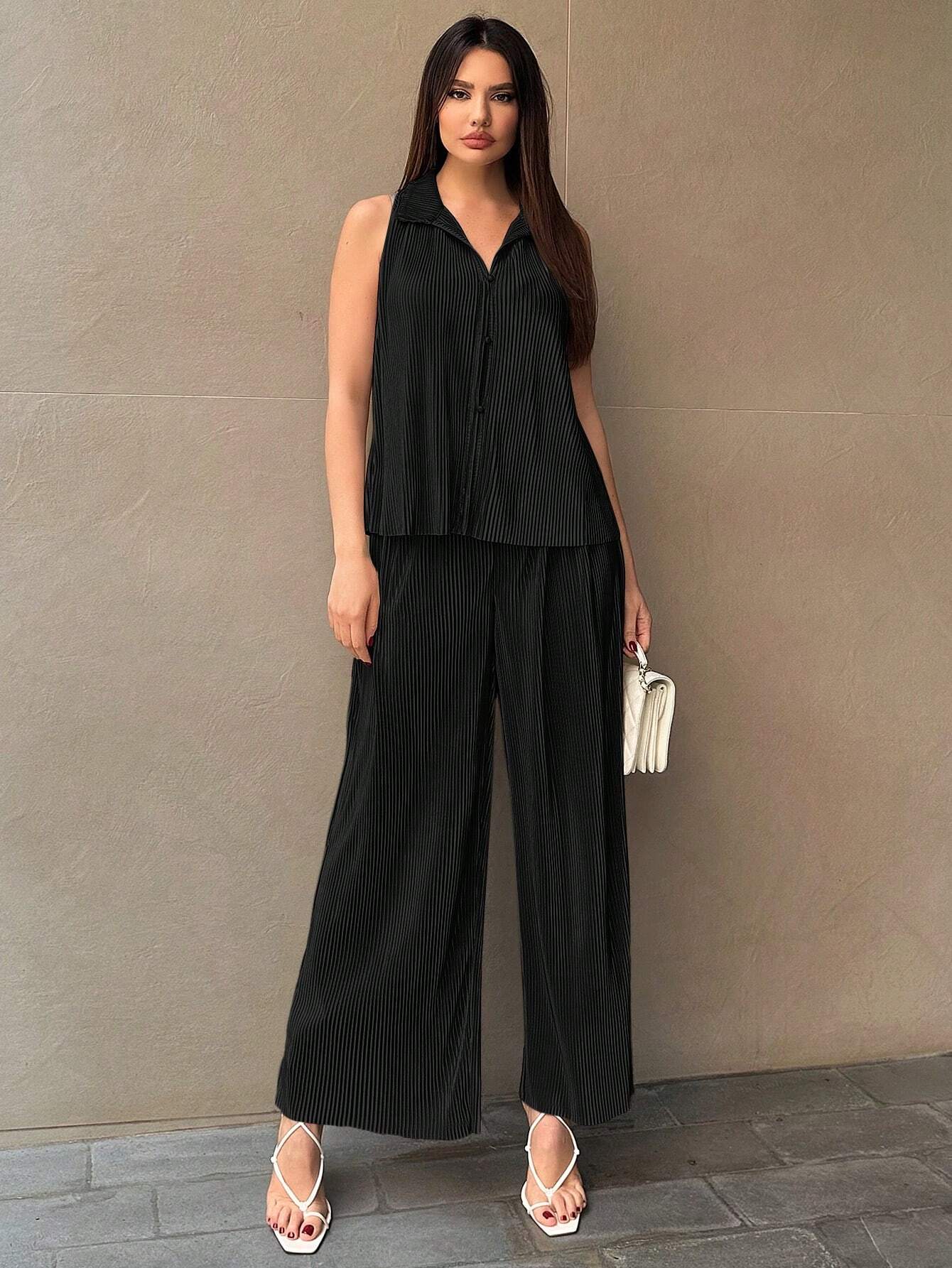 Essnce Women's Button Front Sleeveless Top And Wide Leg Pants Shein