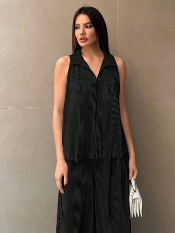 Essnce Women's Button Front Sleeveless Top And Wide Leg Pants