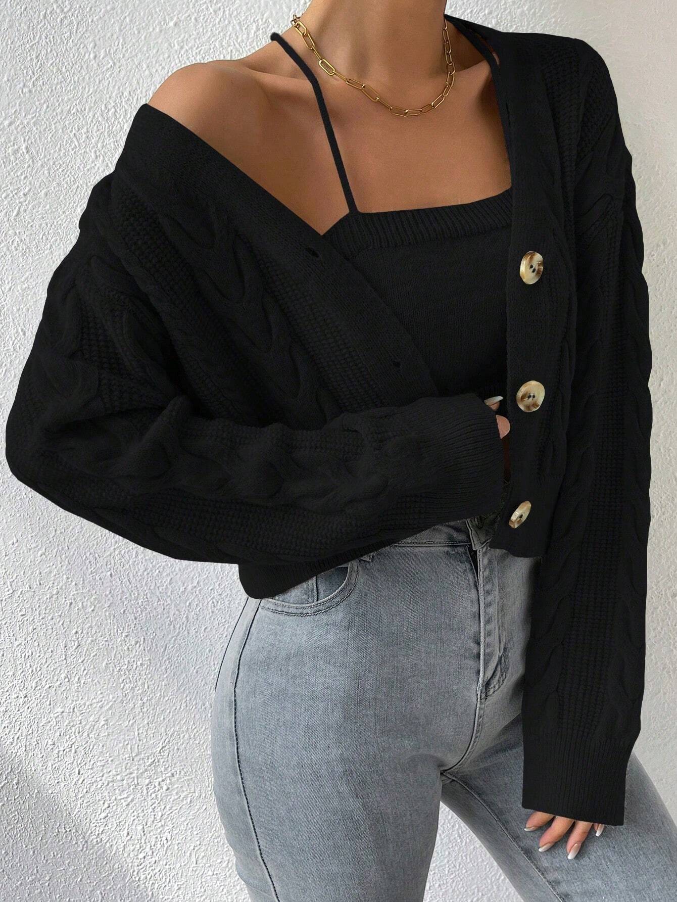 MOOSTA Drop Shoulder Cable Knit Cardigan & Crop Knit Top shein