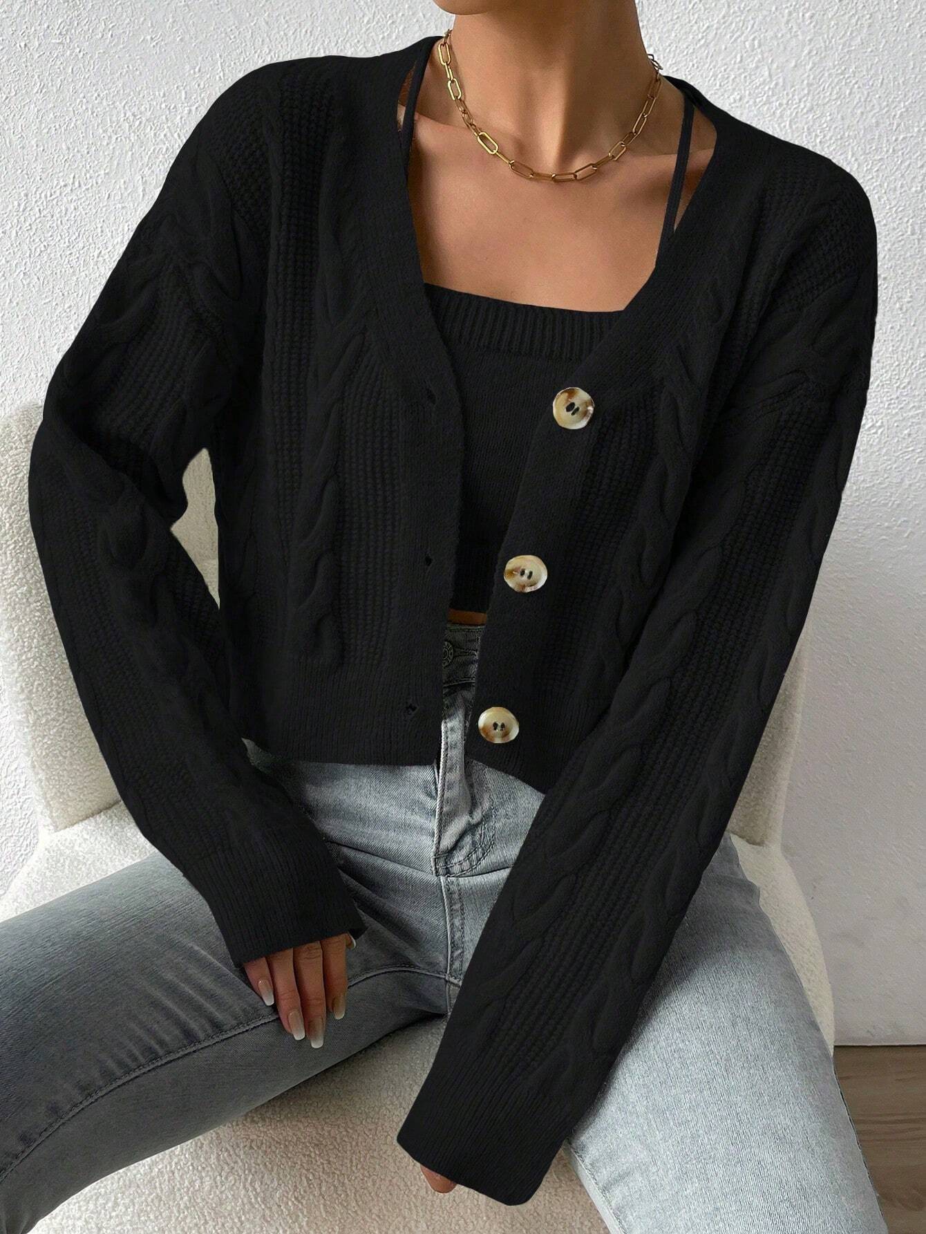 MOOSTA Drop Shoulder Cable Knit Cardigan & Crop Knit Top shein