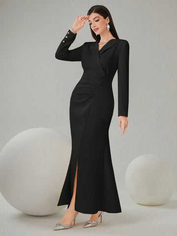 Modely High-Collar Waist-Cinching Fish-Tail Dress With Front Split shein