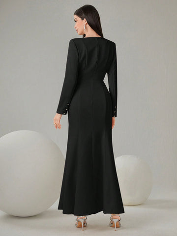 Modely High-Collar Waist-Cinching Fish-Tail Dress With Front Split shein