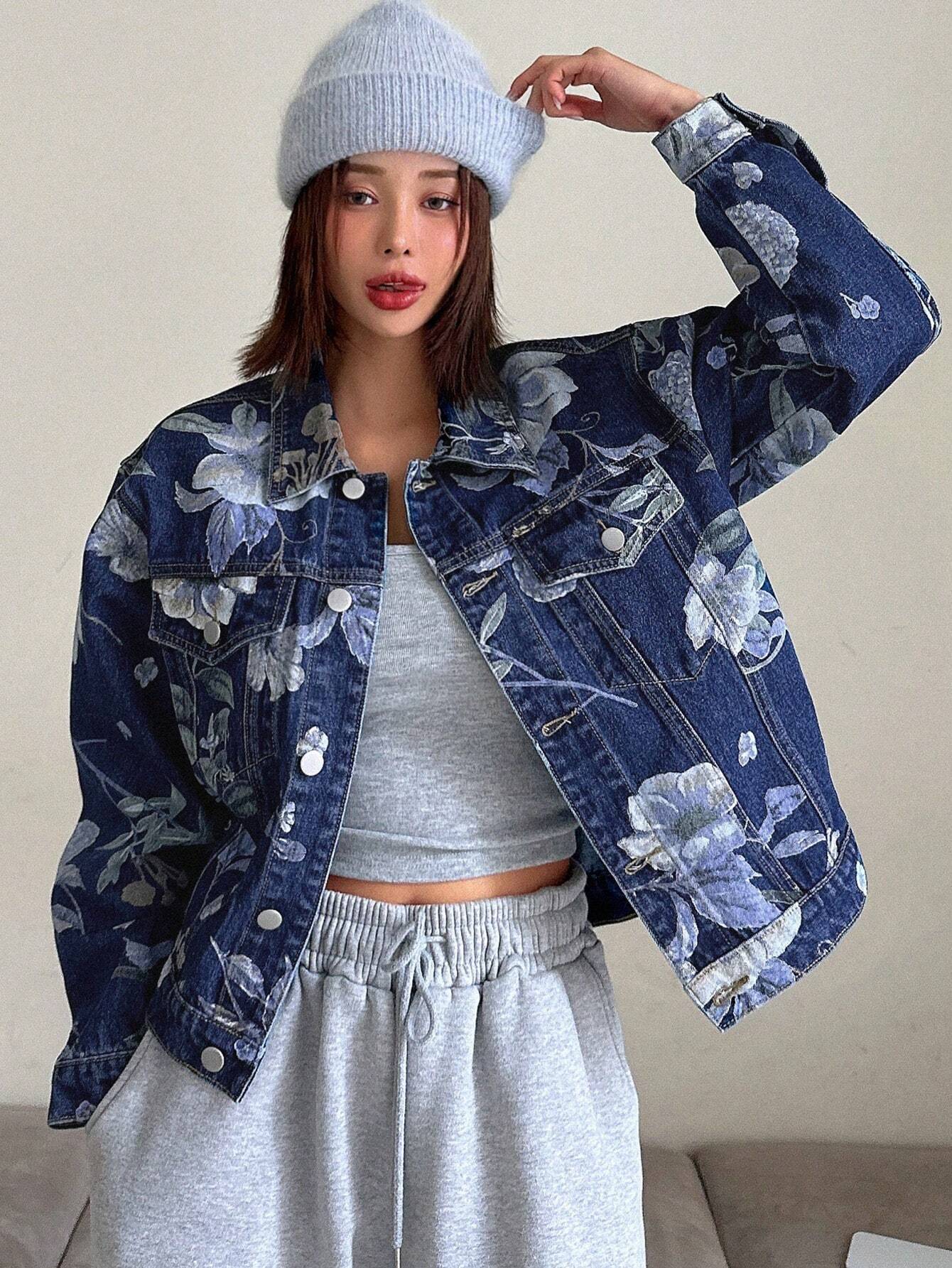 DAZY Ladies' Floral Printed Denim Jacket shein