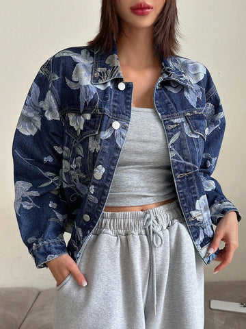 DAZY Ladies' Floral Printed Denim Jacket shein