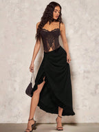 BAE Romantic Valentine's Day Date Satin & Lace Contrast Asymmetrical Hem Women Midi Skirt Shein