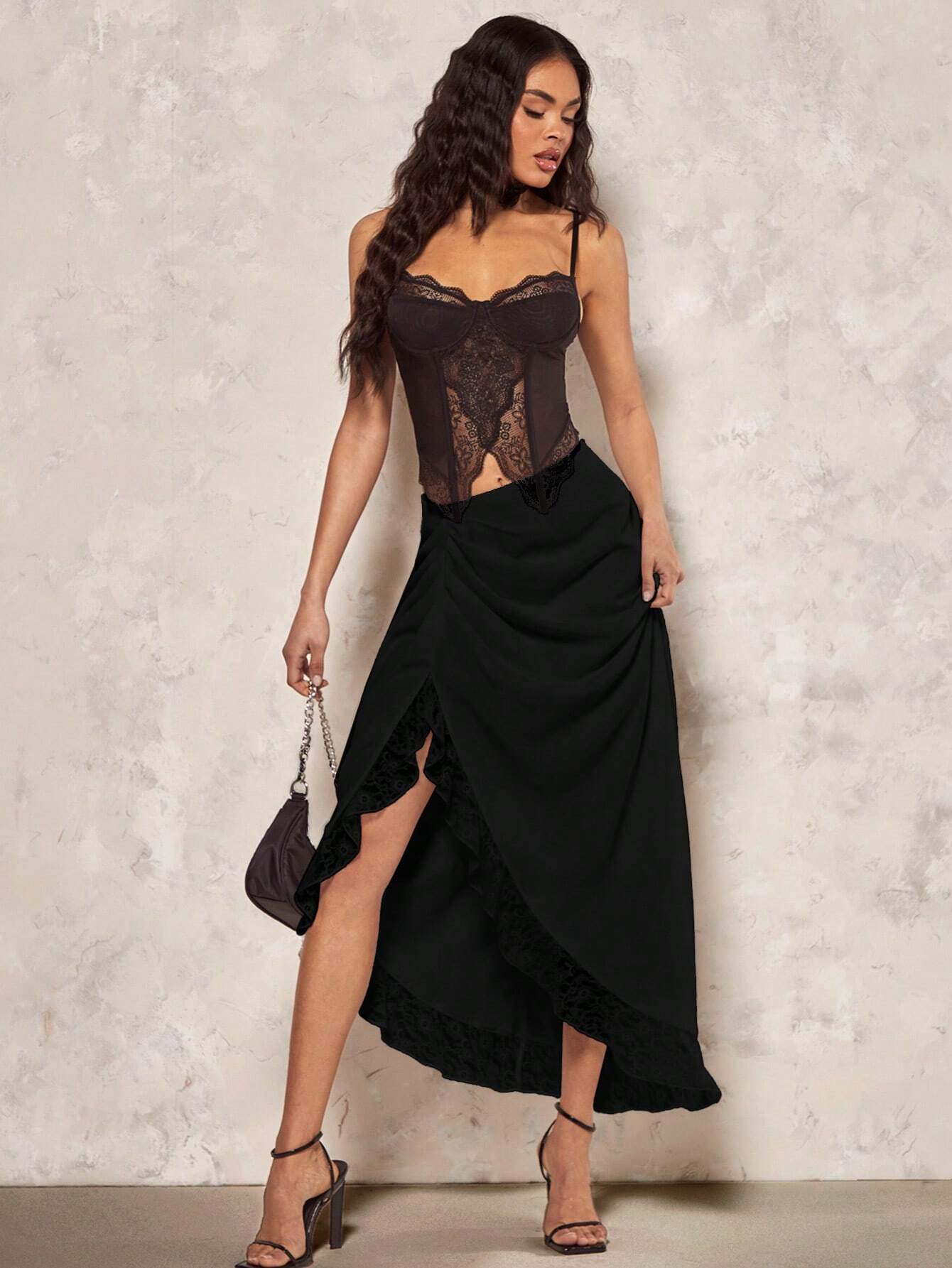 BAE Romantic Valentine's Day Date Satin & Lace Contrast Asymmetrical Hem Women Midi Skirt Shein