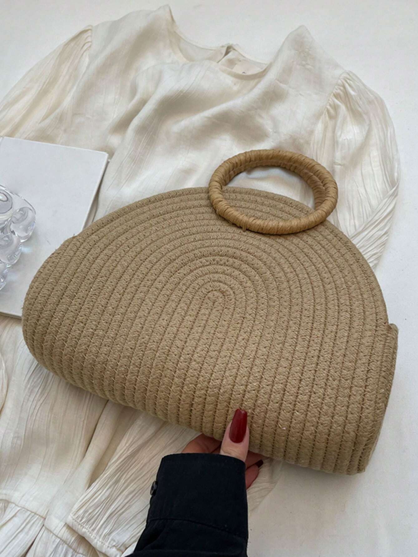 Straw Semi-Circular Tote Bag shein