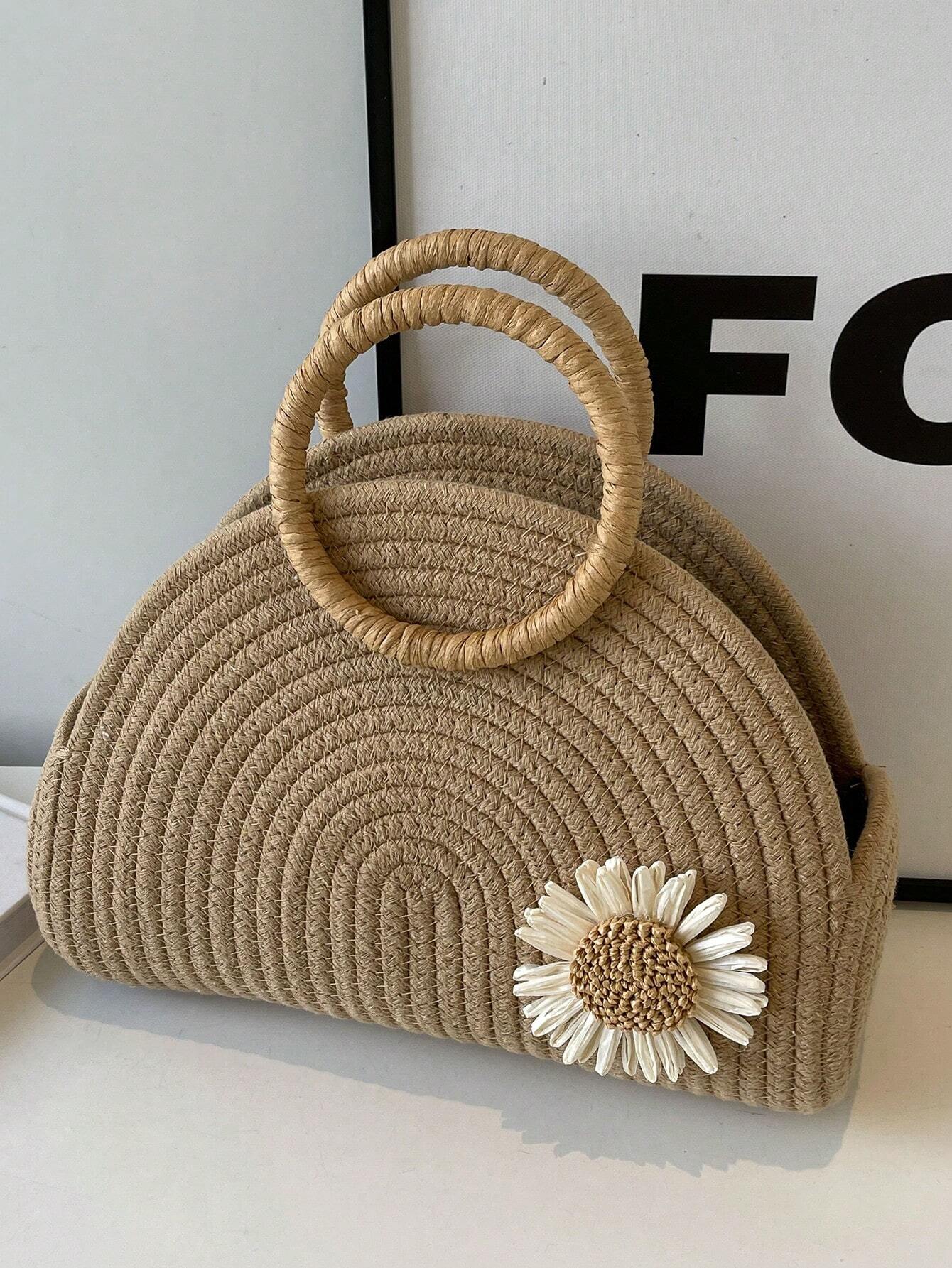 Straw Semi-Circular Tote Bag shein