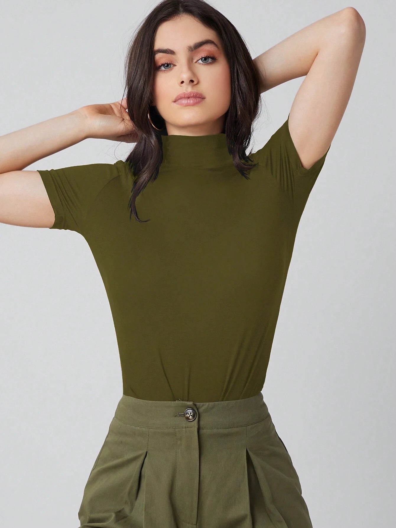 Mulvari High Neck Solid Summer T Shirts shein