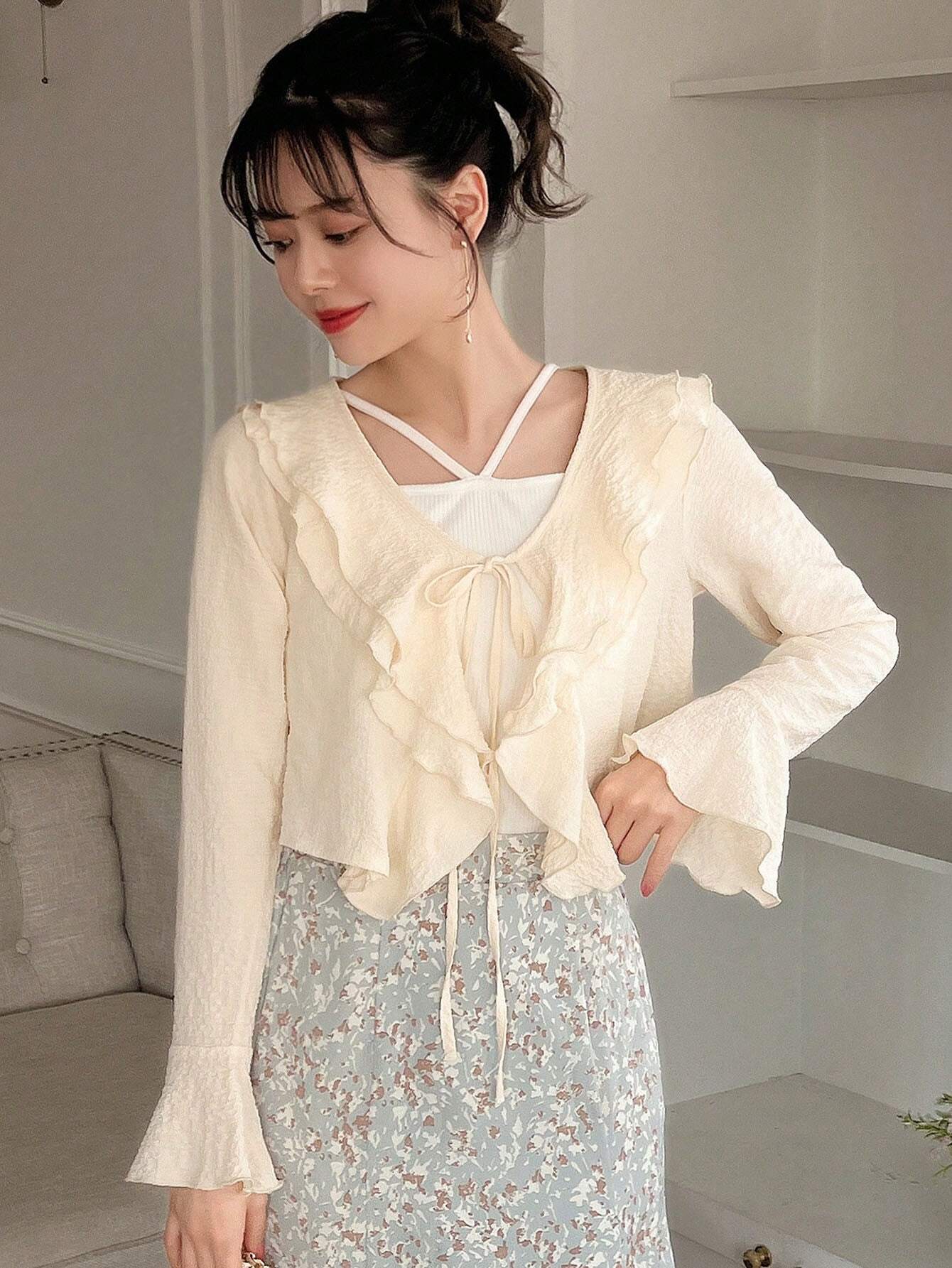 FRIFUL Ladies' Solid Color Front Tie Ruffle Lace Summer Long Sleeve Shirt shein