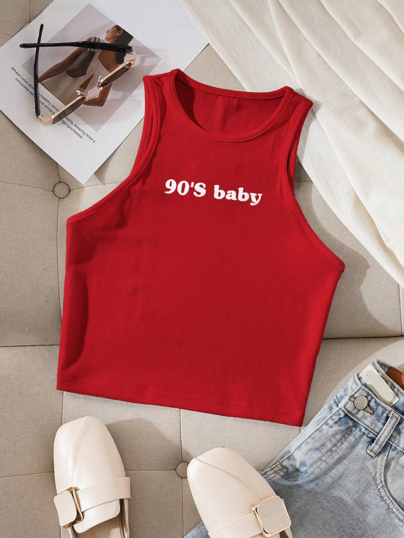 INAWLY Letter Print Slim Fit Round Neck Tank Top shein