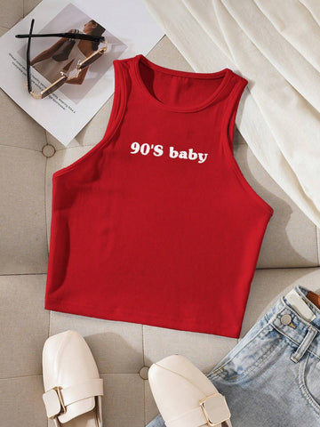 INAWLY Letter Print Slim Fit Round Neck Tank Top