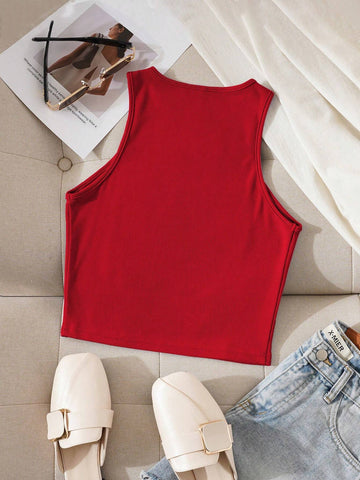 INAWLY Letter Print Slim Fit Round Neck Tank Top