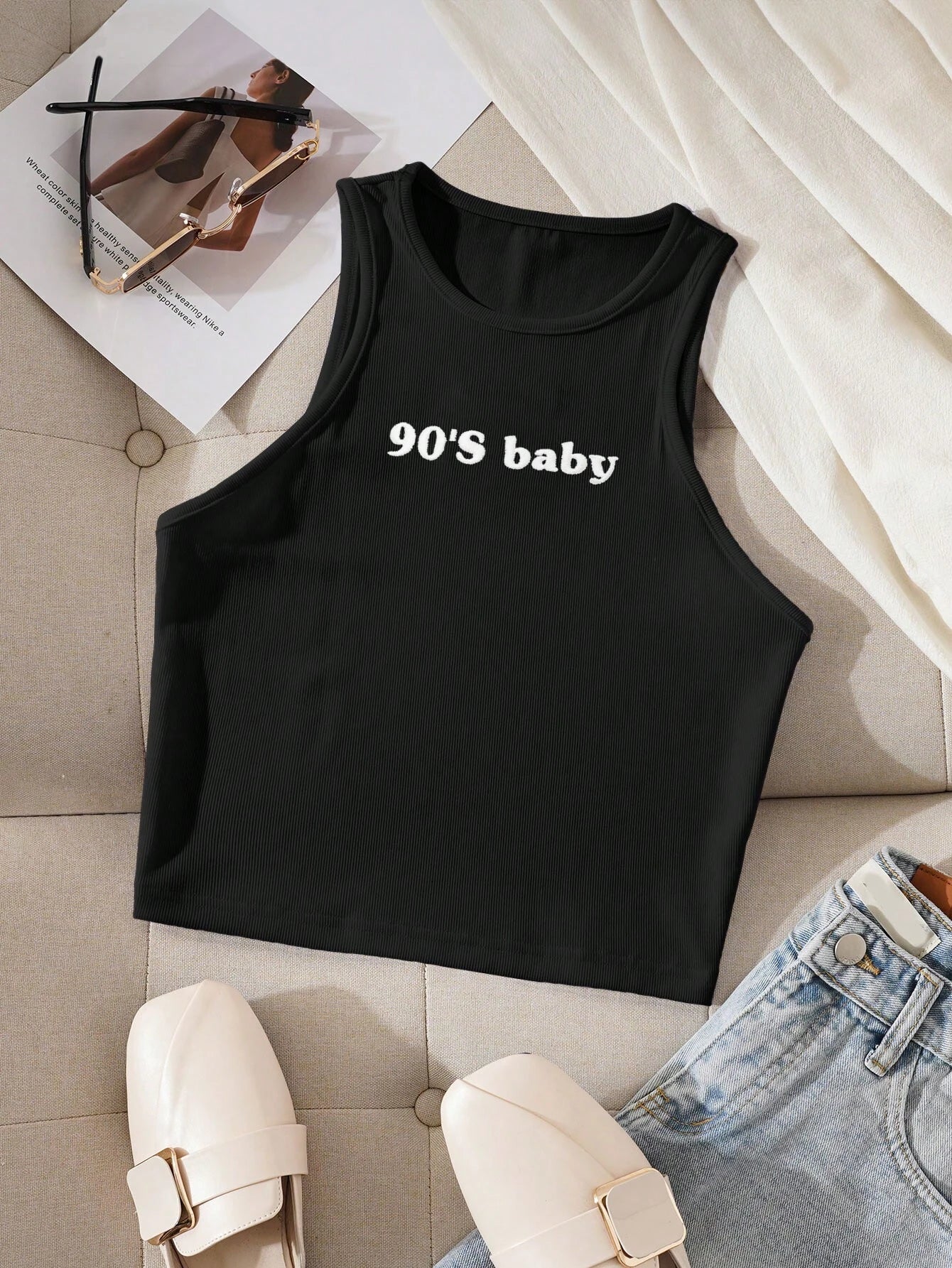 INAWLY Letter Print Slim Fit Round Neck Tank Top shein