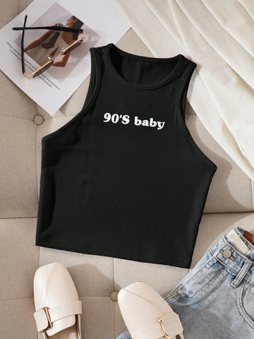 INAWLY Letter Print Slim Fit Round Neck Tank Top