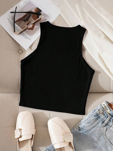 INAWLY Letter Print Slim Fit Round Neck Tank Top