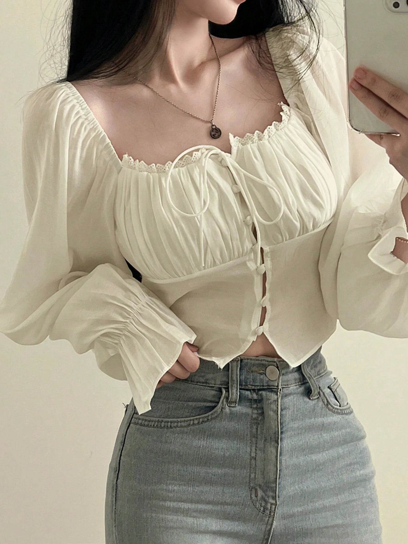 DAZY Women's Mushroom Edging Pleated Bell Sleeve Shirt