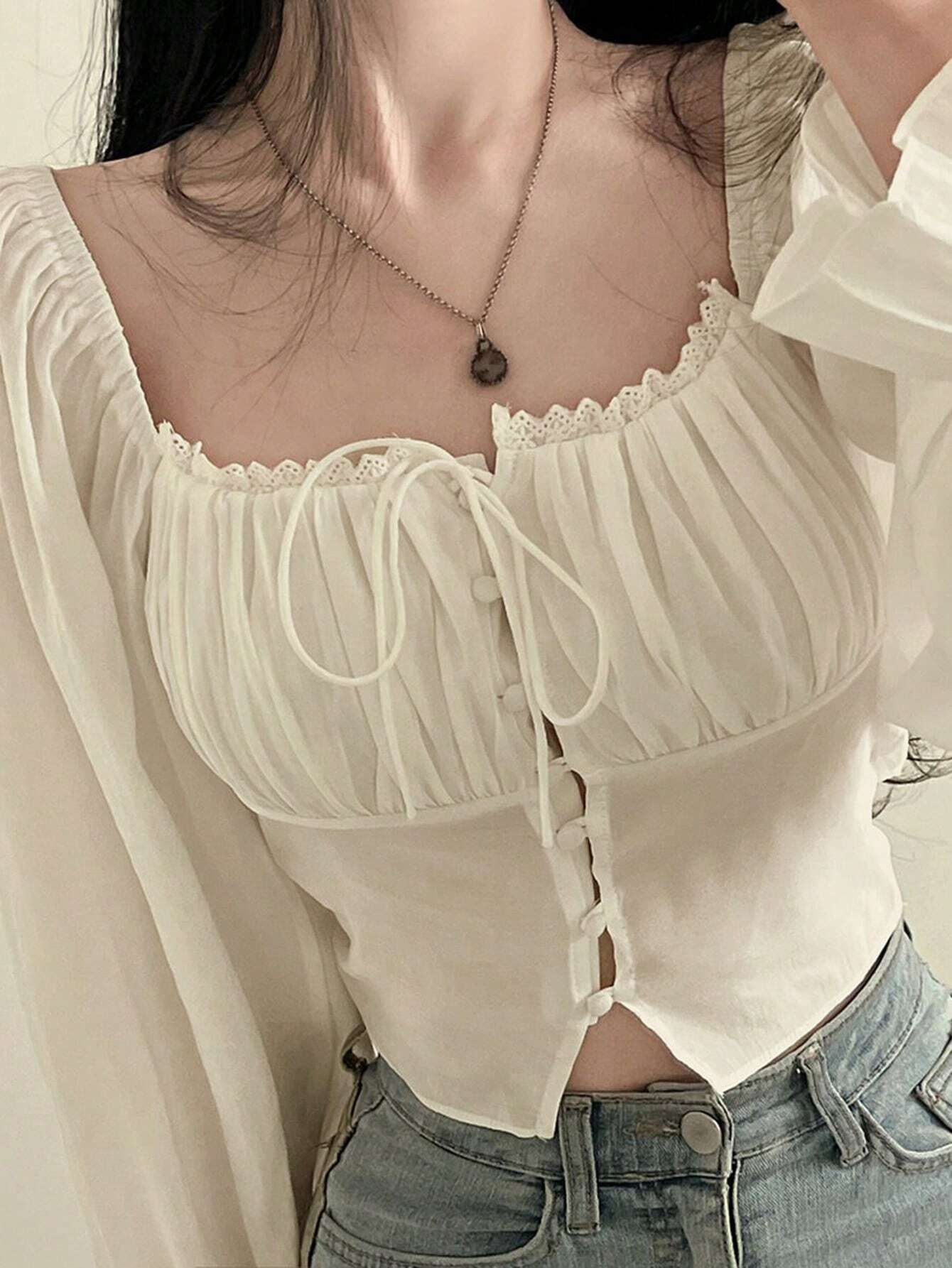 DAZY Women's Mushroom Edging Pleated Bell Sleeve Shirt