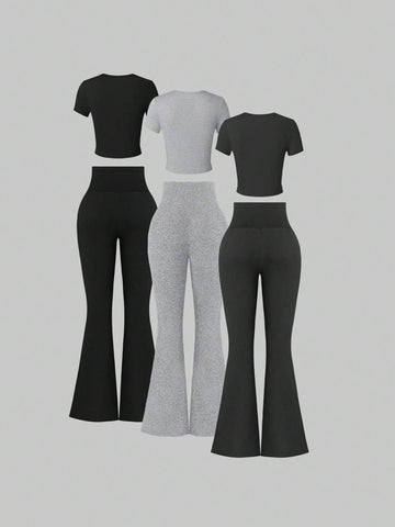 EZwear 6pcs/Set Casual Round Neck Short Sleeve T-Shirt And High Waisted Elastic Flare Bottoms Long Pants shein