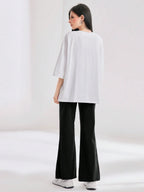 Mulvari Women Spring/Summer Casual Loose Fit Drop Shoulder Short Sleeve Top And Flared Pants Set shein