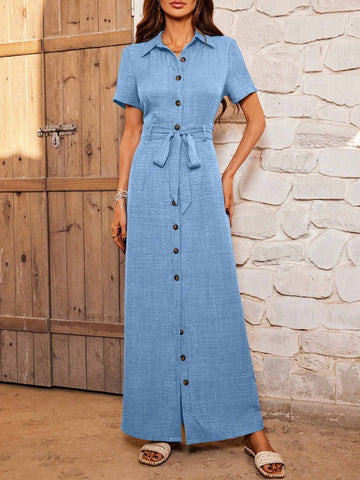 LUNE Solid Color Front Button Design Long Short Sleeve Dress shein