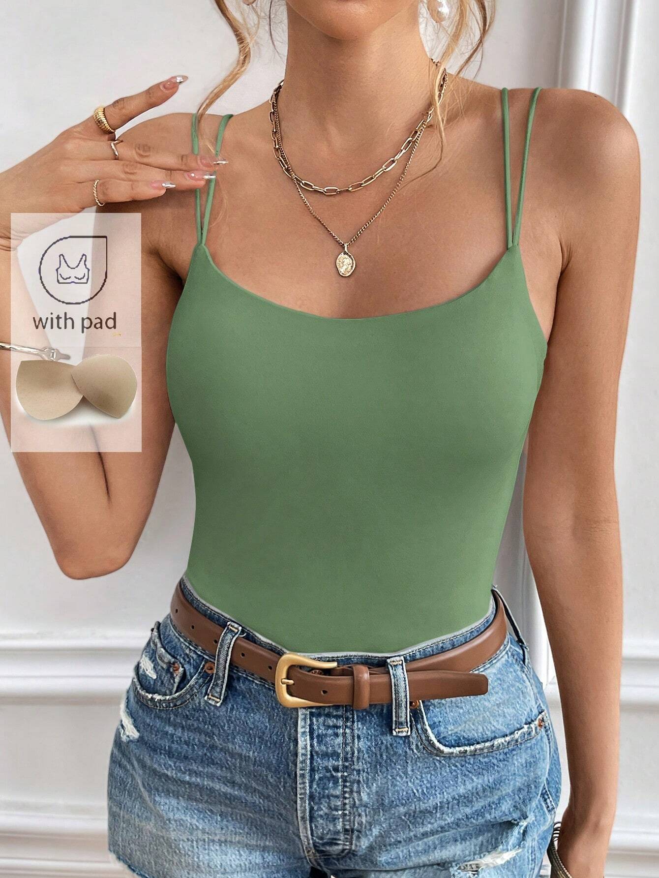 Women's Casual Versatile Solid Color Camisole With Chest Pad shein