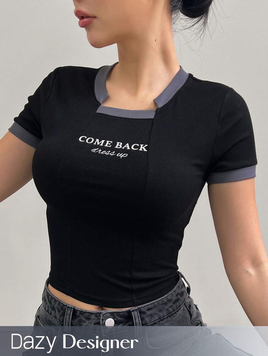 Women Asymmetric Contrast Trim Letter Graphic Short Sleeve T-Shirt shein
