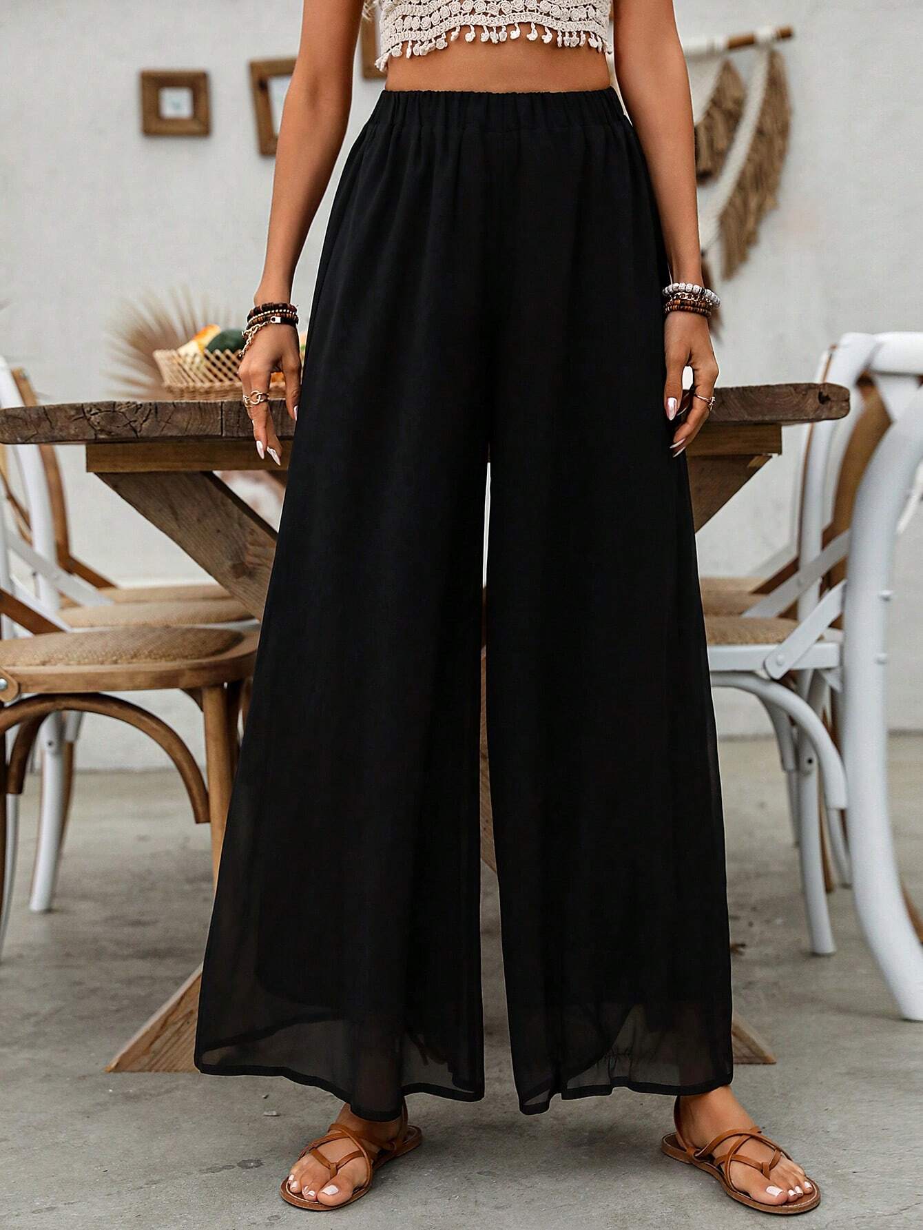 Unity Women's Solid Color Casual Wide Leg Long Pants shein