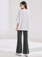 Mulvari Women Spring/Summer Casual Loose Fit Drop Shoulder Short Sleeve Top And Flared Pants Set shein