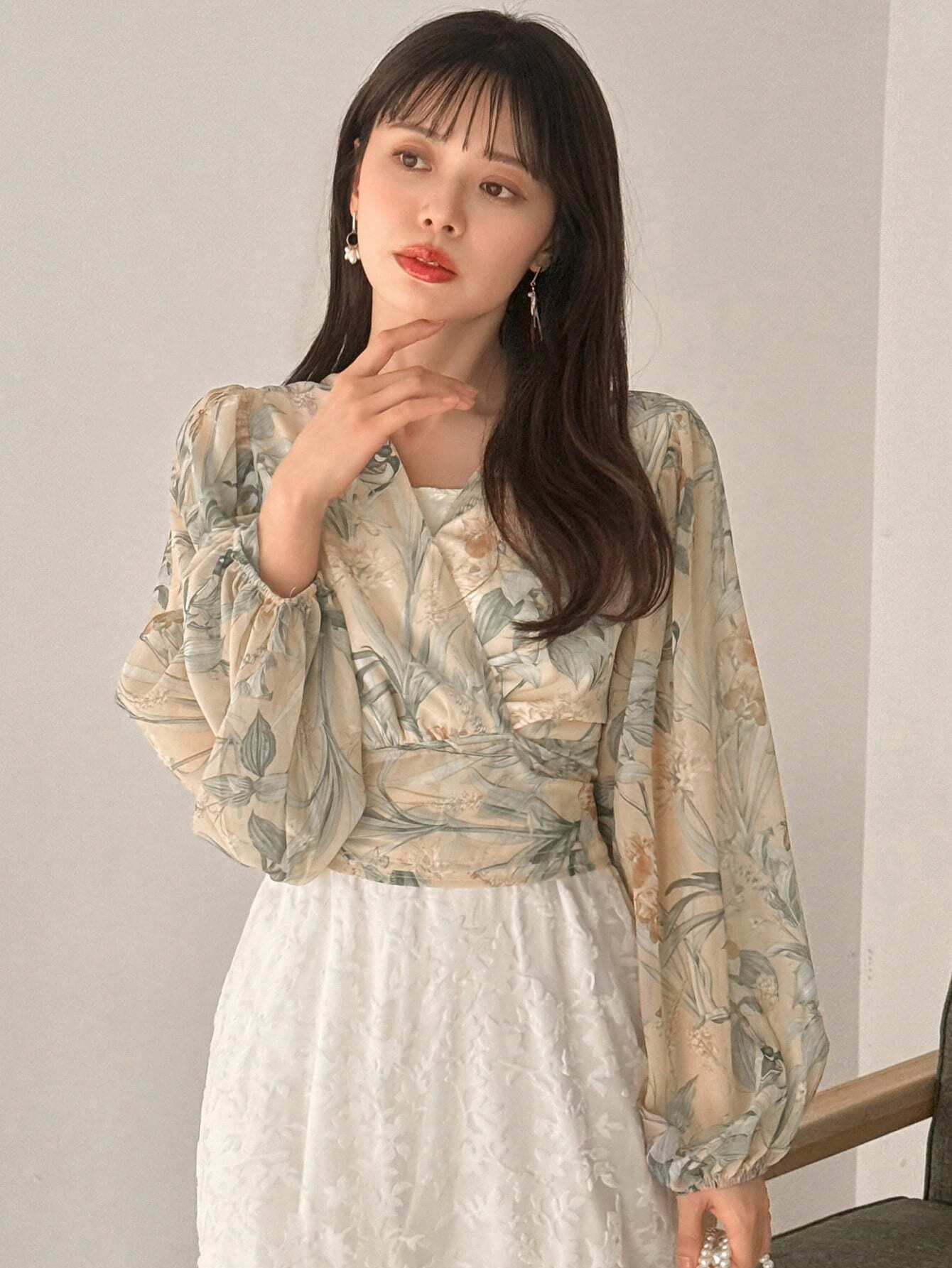 DAZY Floral Print Lantern Sleeve Tie-Waist Shirt shein