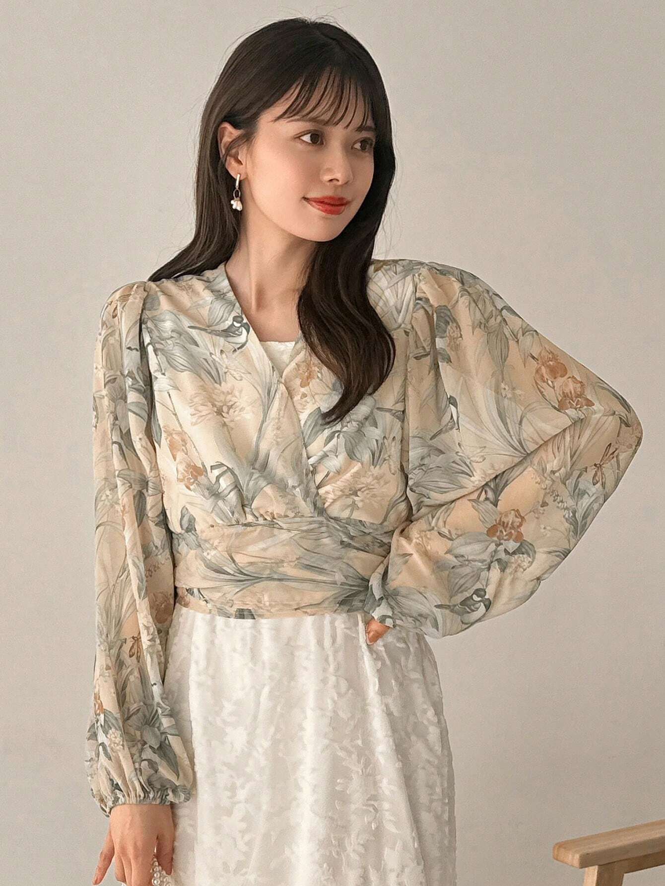 DAZY Floral Print Lantern Sleeve Tie-Waist Shirt shein