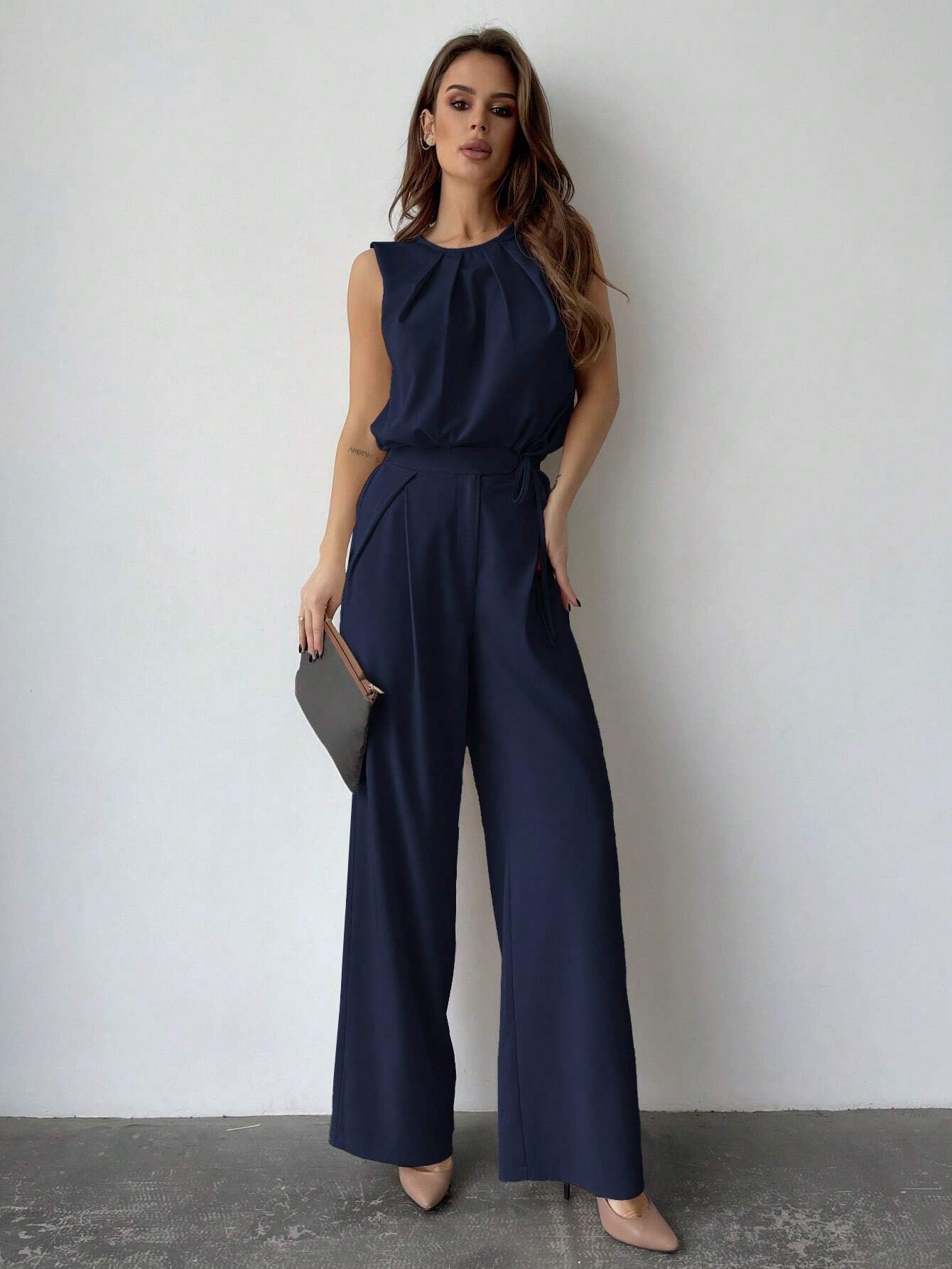 Privé Solid Color Round Neck Pleated Top And Wide Leg Pants shein